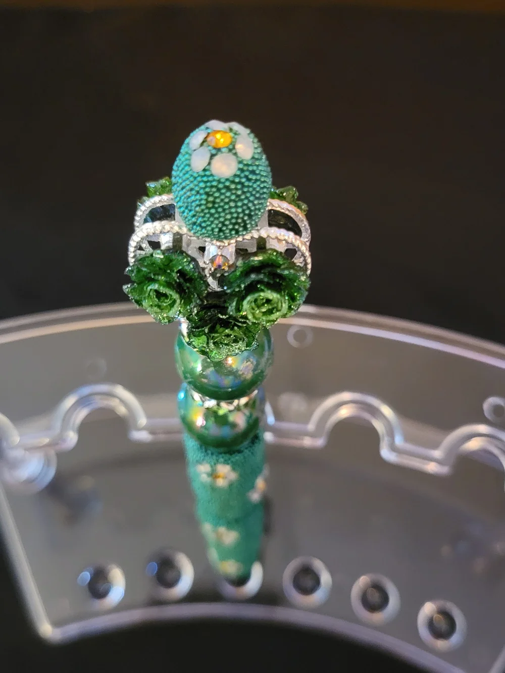 Teal Green Decorative Beaded Pen with Floral Accents